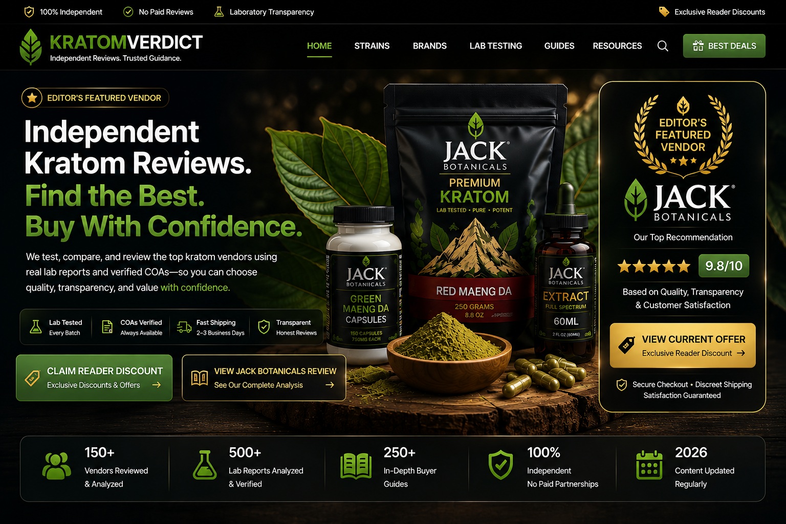 Kratom Verdict independent kratom reviews and featured Jack Botanicals reader offer